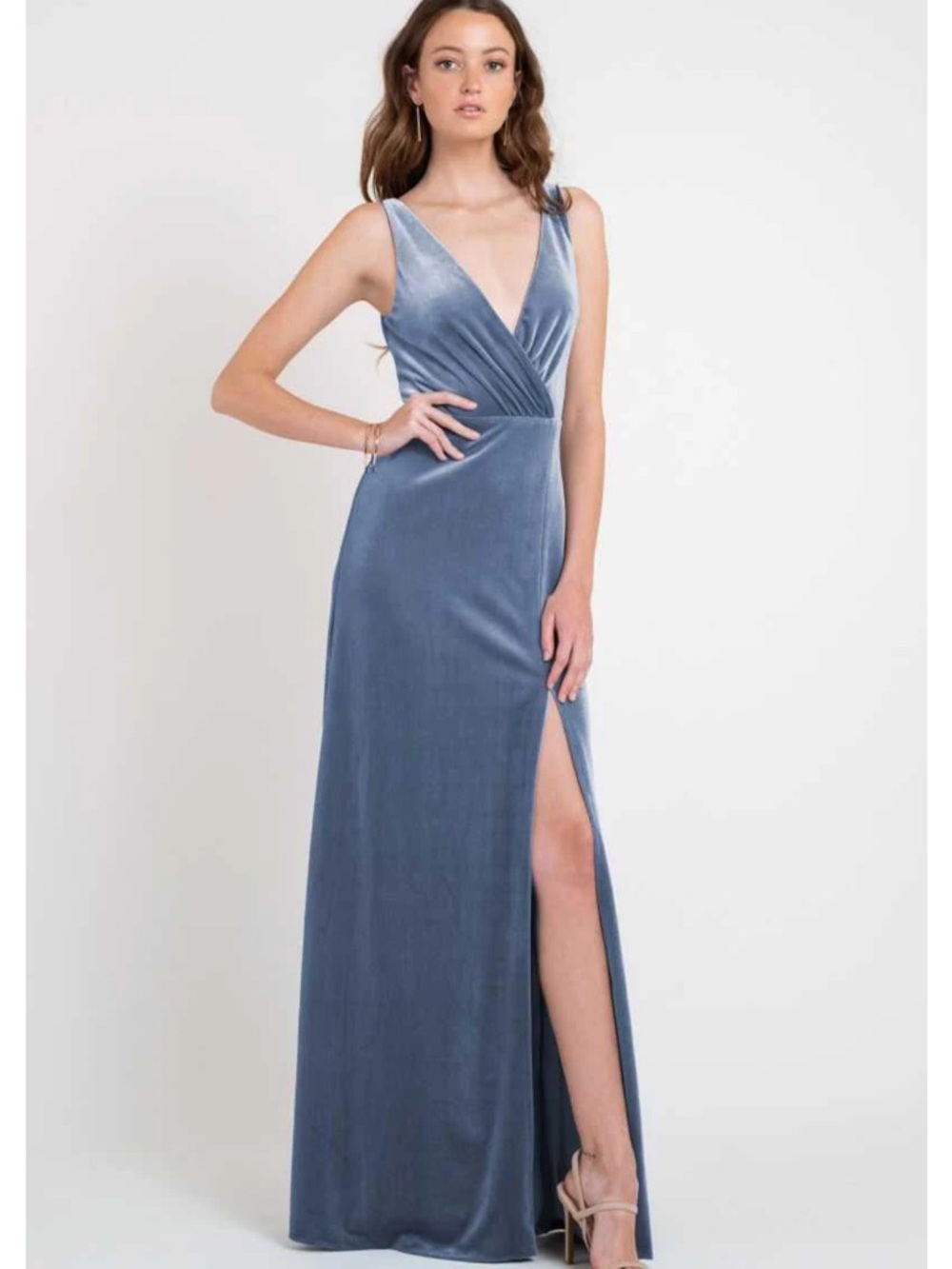 Jenny Yoo "Devon" Maxi Dress Sz 10 Blue Stretch Velvet Bridesmaid Formal